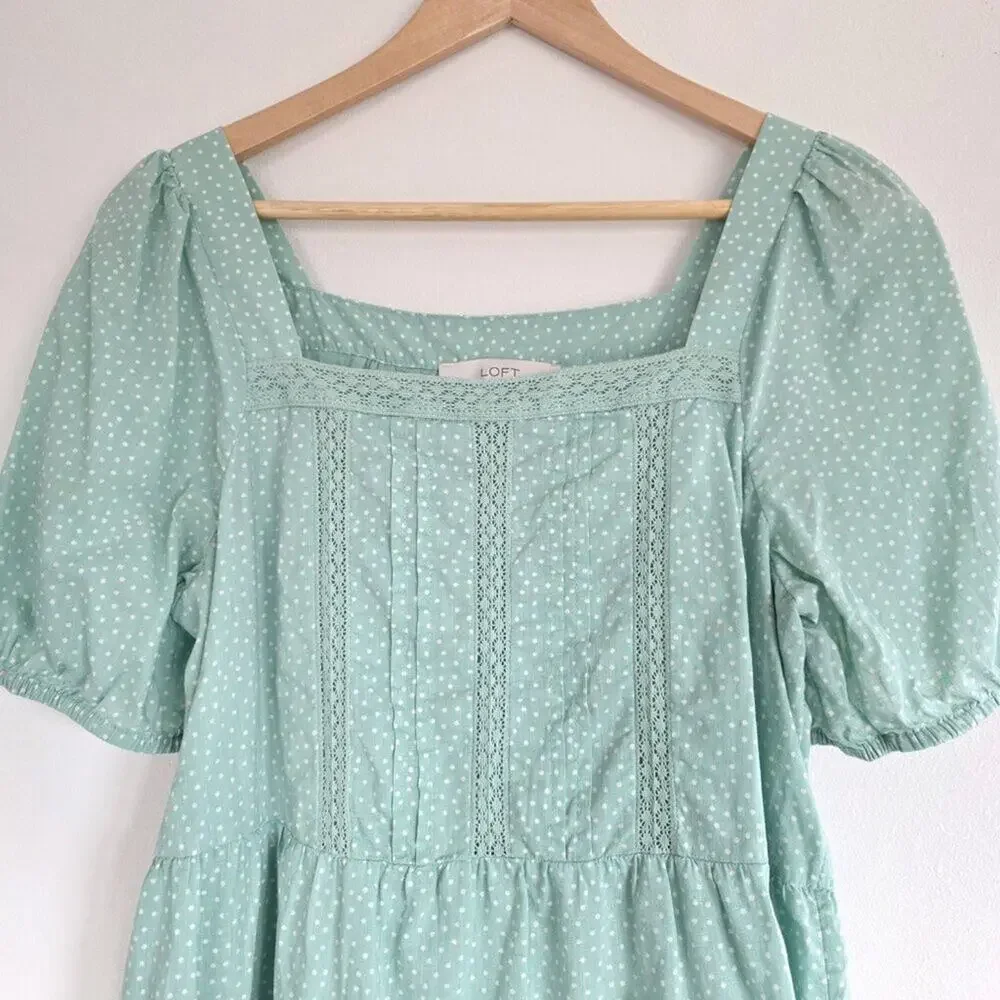 LOFT Mint Green Polka Dot Puff Sleeve Lace Trim Cotton Tiered Peplum Top Medium